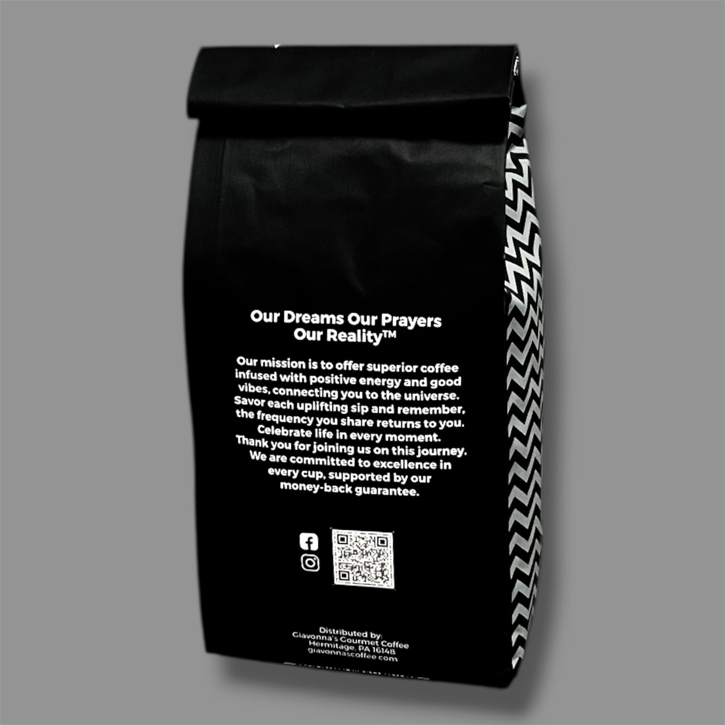 Giavonna's Gourmet Coffee bag back featuring our mission - designed to connect purpose, quality, and an elevated coffee ritual.