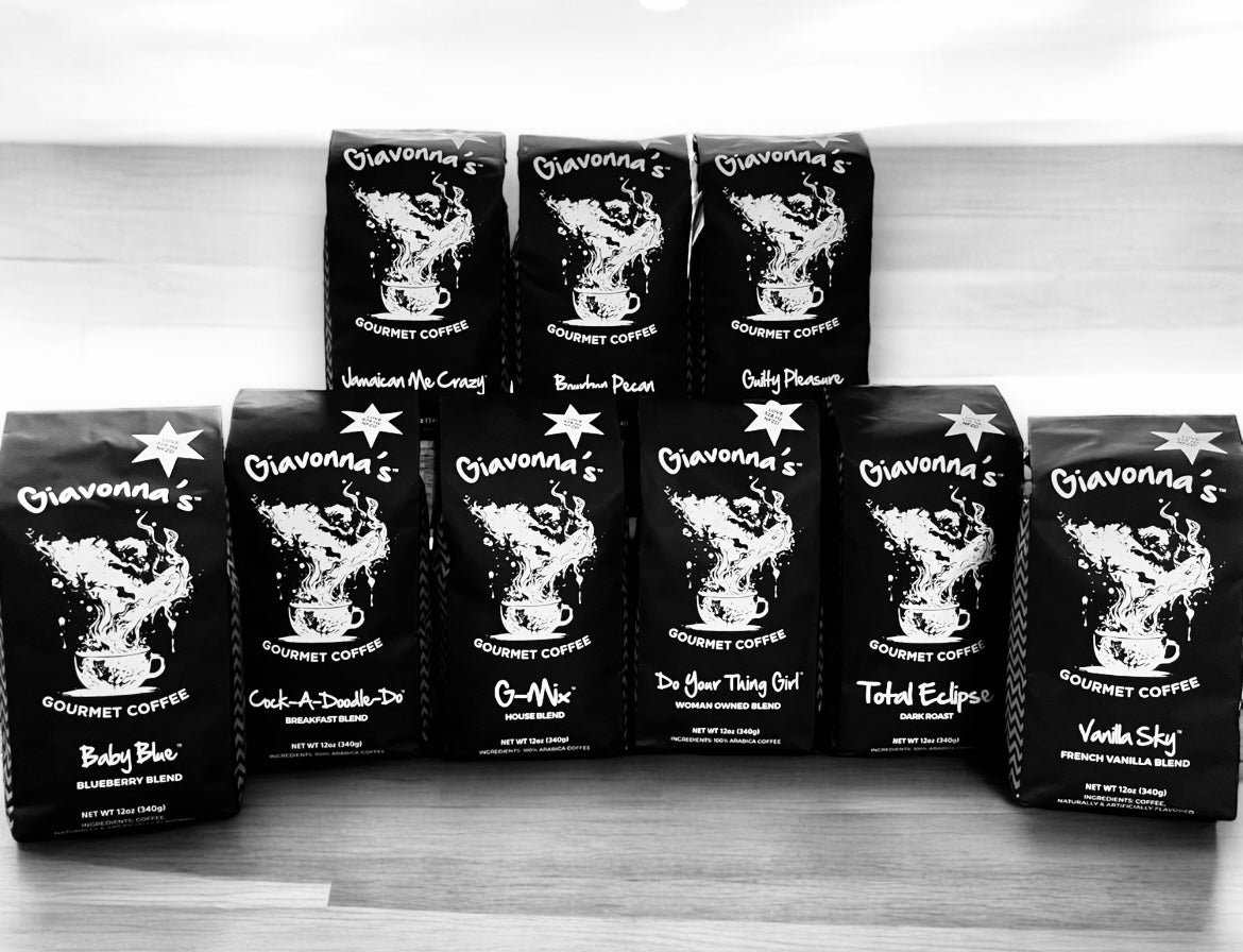 Giavonna's Gourmet Coffee 12oz bags and pods featuring premium 528Hz-infused coffee blends, including flavors like Bourbon Pecan, Guilty Pleasure, Vanilla Sky French Vanilla, Jamaican Me Crazy, Baby Blue Blueberry, offering an elevated coffee experience.