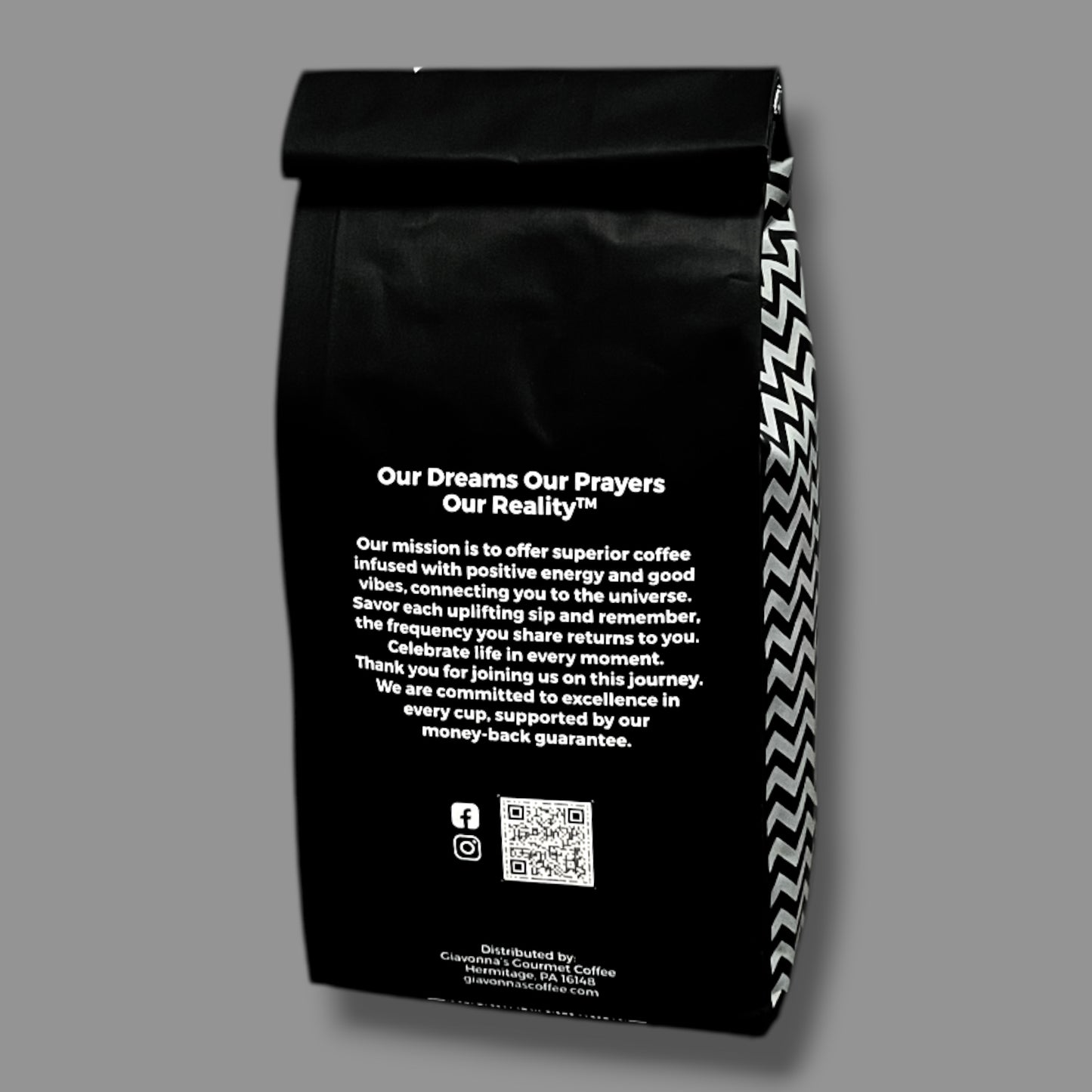 Giavonna's Gourmet Coffee mission displayed on the back of the bag - crafted to insipire, empower, and elevate the daily coffee experience. 