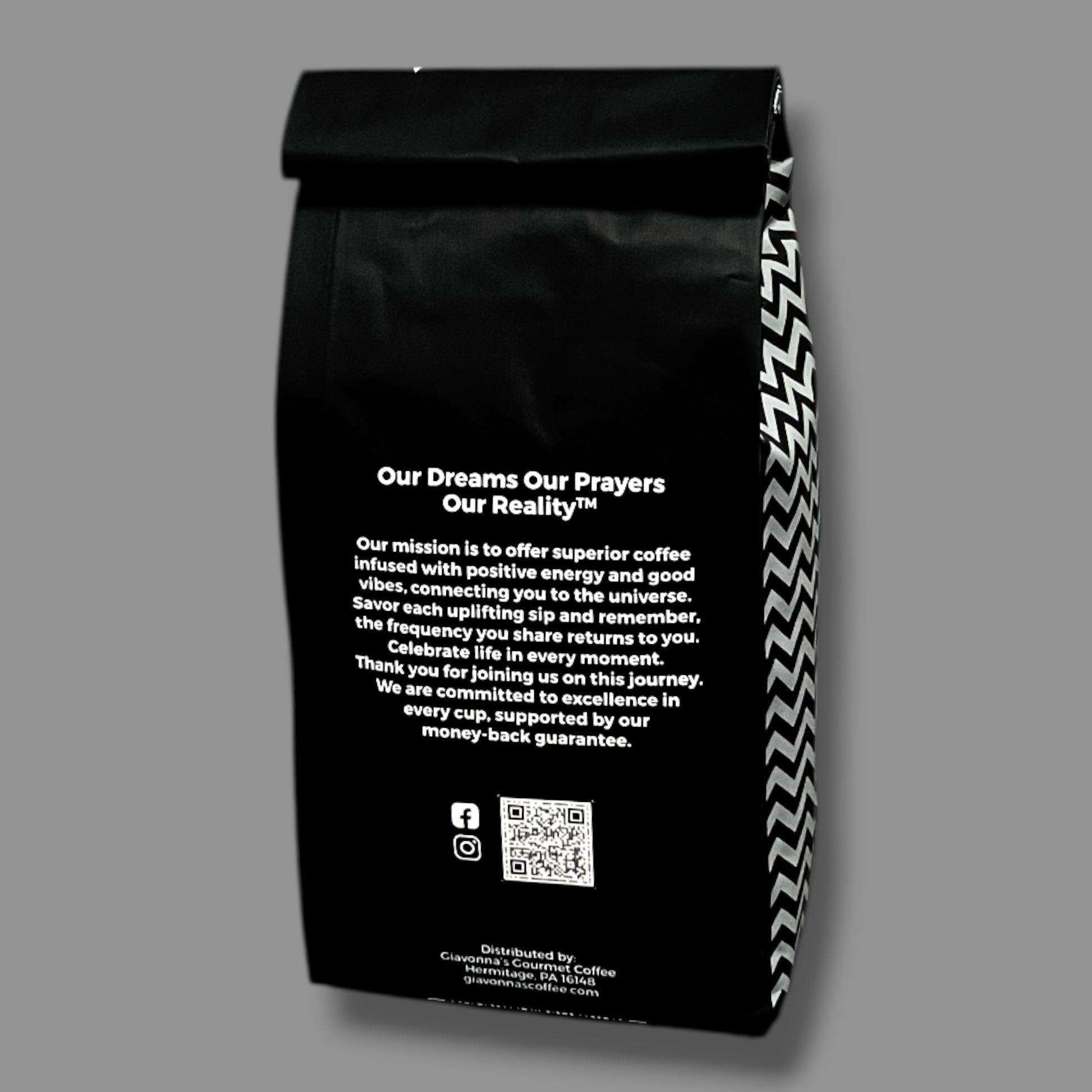 Giavonna's Gourmet Coffee mission displayed on the back of the bag - crafted to insipire, empower, and elevate the daily coffee experience. 