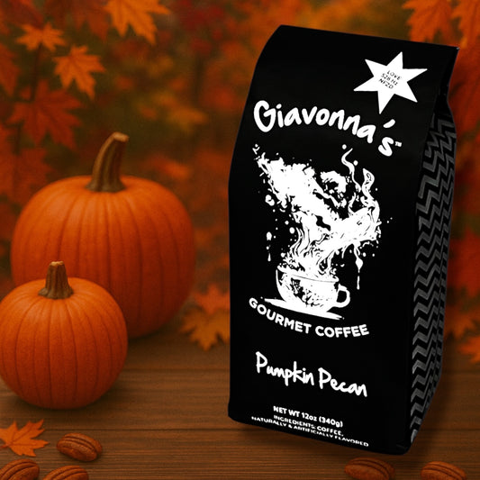 Giavonna's Gourmet Coffee Pumpkin Pecan blend - warm, smooth specialty coffee with pumpkin and toasted pecan notes crafted for a cozy, elevated experience.
